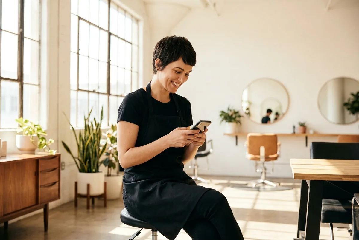 A hairstylist working with a client in a bright salon