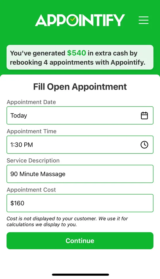 The Appointify app home screen with waitlist, send alert, and appointments